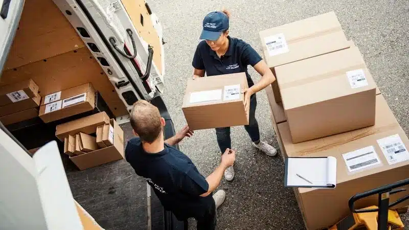 Top Best Shoes for Delivery and Postal Workers, Picture shows a delivery worker girl holding parcel and giving it to delivery worker man